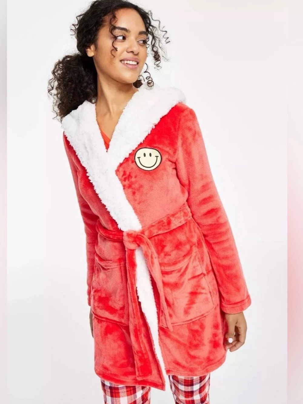 Jenni Women's Faux-Sherpa Lined Hooded Short Robe, Papaya Punch, Large to XL/XXL